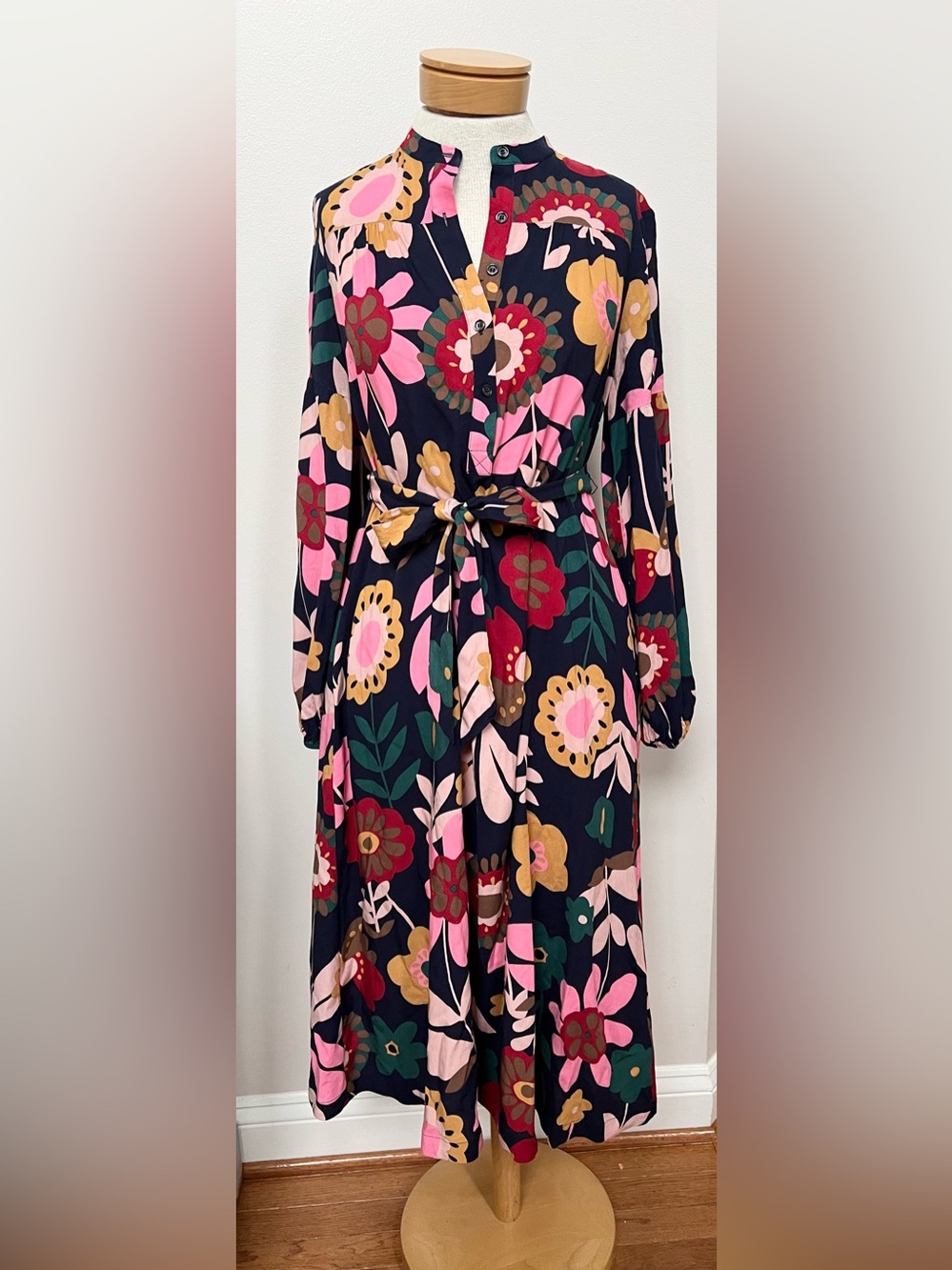 Boden Floral Midi Dress Navy Pink Long Sleeve Tie Waist Button Front US 6
